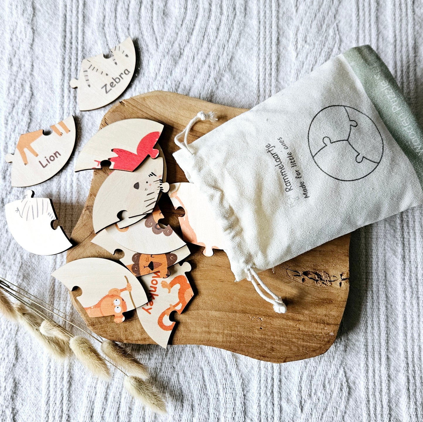 Set 12 houten puzzels in canvas zak - Dieren