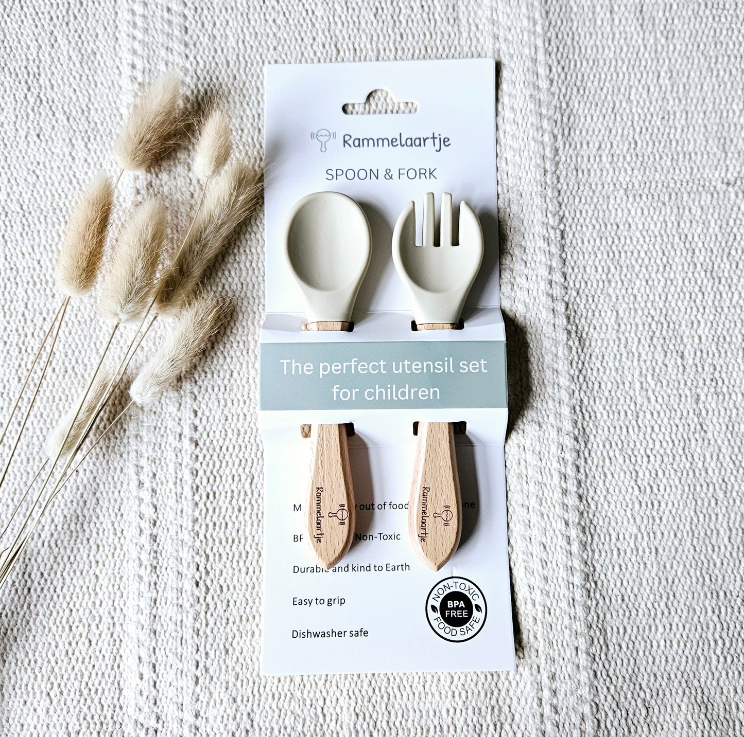 Siliconen Lepel en Vork met Bamboe handvat - Beige