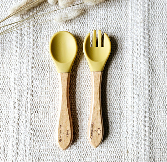 Siliconen Lepel en Vork met Bamboe handvat - Okergeel