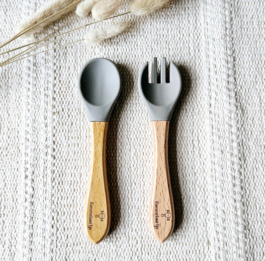 Siliconen Lepel en Vork met Bamboe handvat - Salie