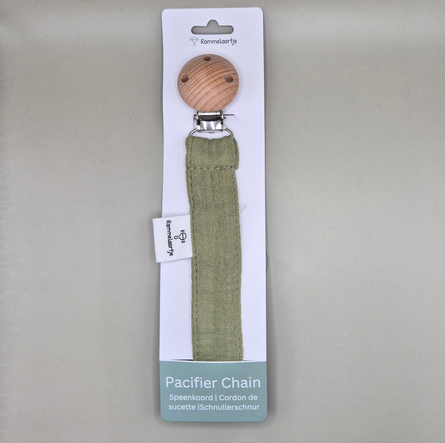 Speenkoord van Hydrofiele Stof met Houten Bevestigingsclip – Army