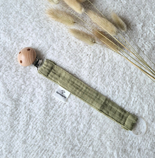 Speenkoord van Hydrofiele Stof met Houten Bevestigingsclip – Army