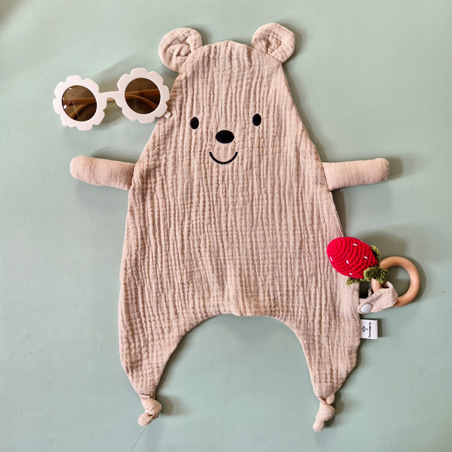Hydrofiele knuffeldoek beer met bevestigingskoord - Beige