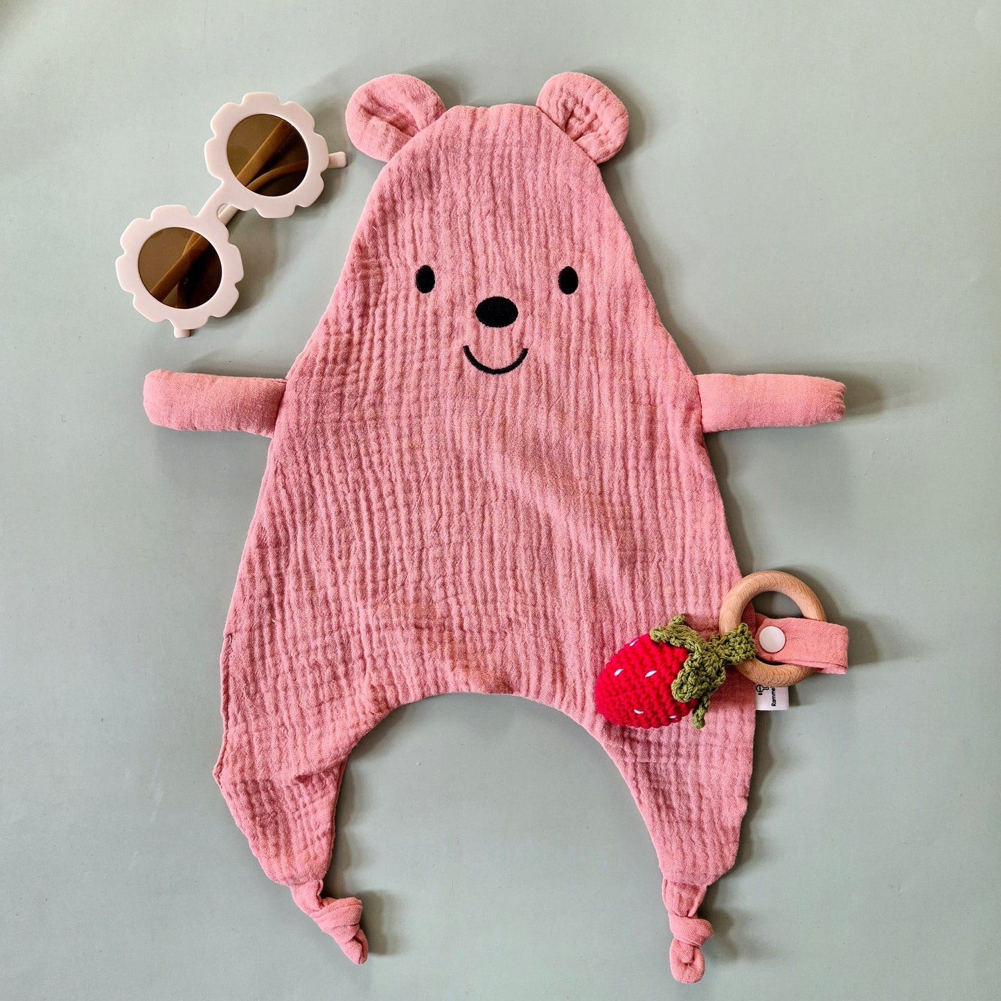 Hydrofiele knuffeldoek beer met bevestigingskoord - Roze