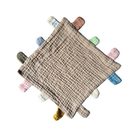 Hydrofiel speel en knuffeldoekje met labels 25x25 cm – Zand