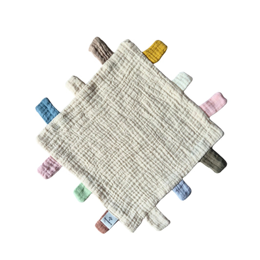 Hydrofiel speel en knuffeldoekje met labels 25x25 cm – Beige