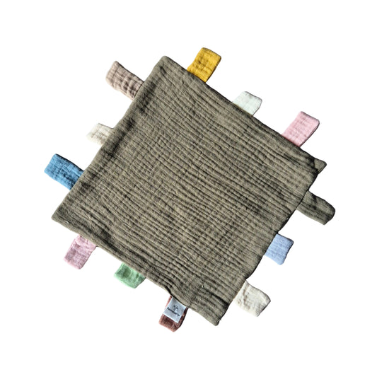 Hydrofiel speel en knuffeldoekje met labels 25x25 cm – Legergroen