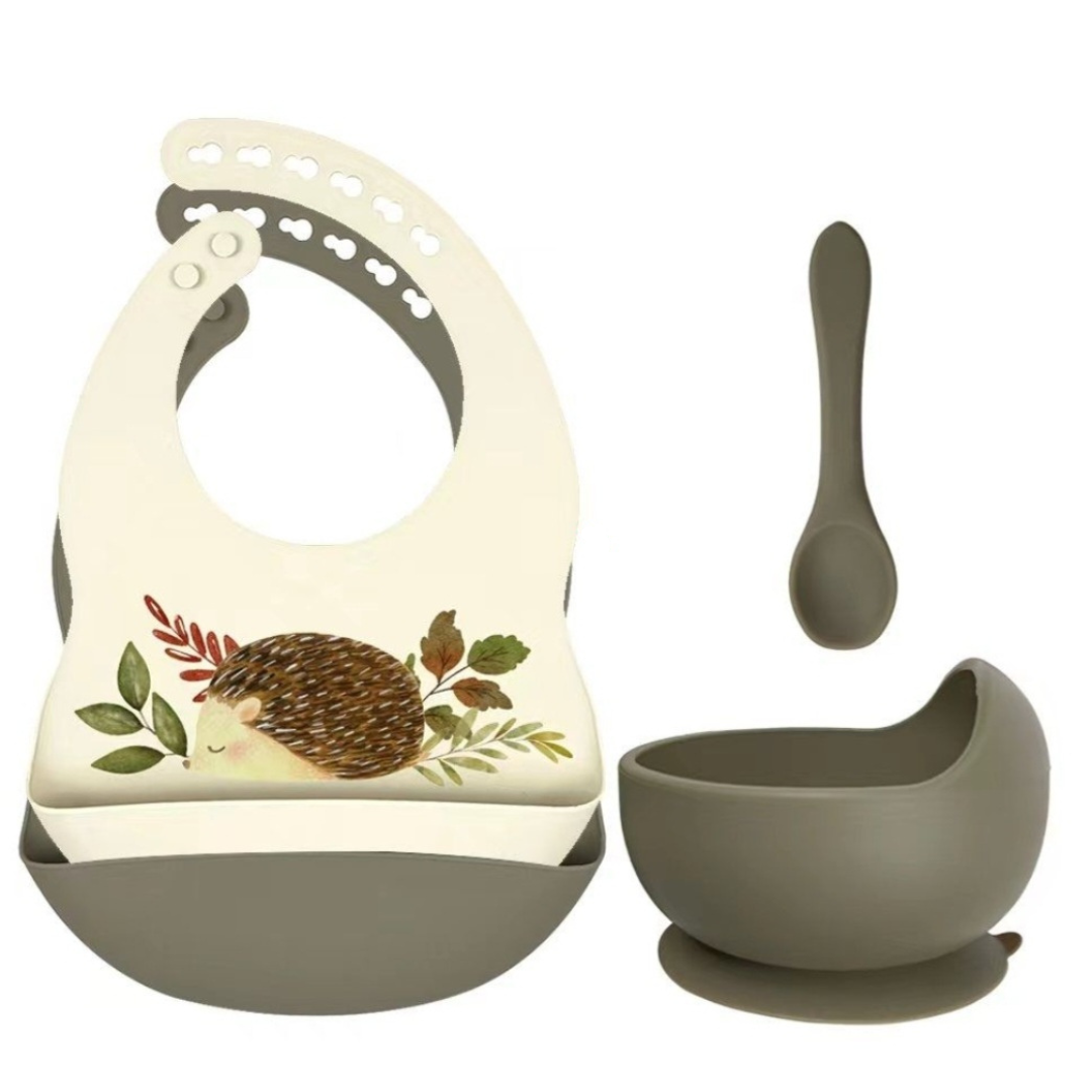 Set siliconen slabbetjes + kom met zuignap en lepel - Egel Salie