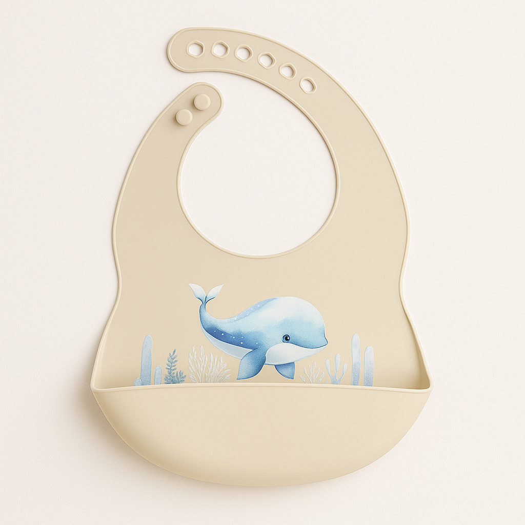 Siliconen slabber met opvangbakje Walvis - Beige