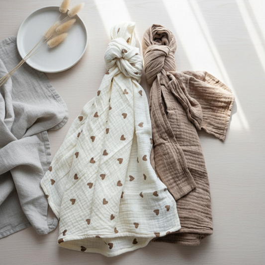 XL hydrofiele doeken – set van 2 stuks (100x90 cm) - Hartjes & Taupe