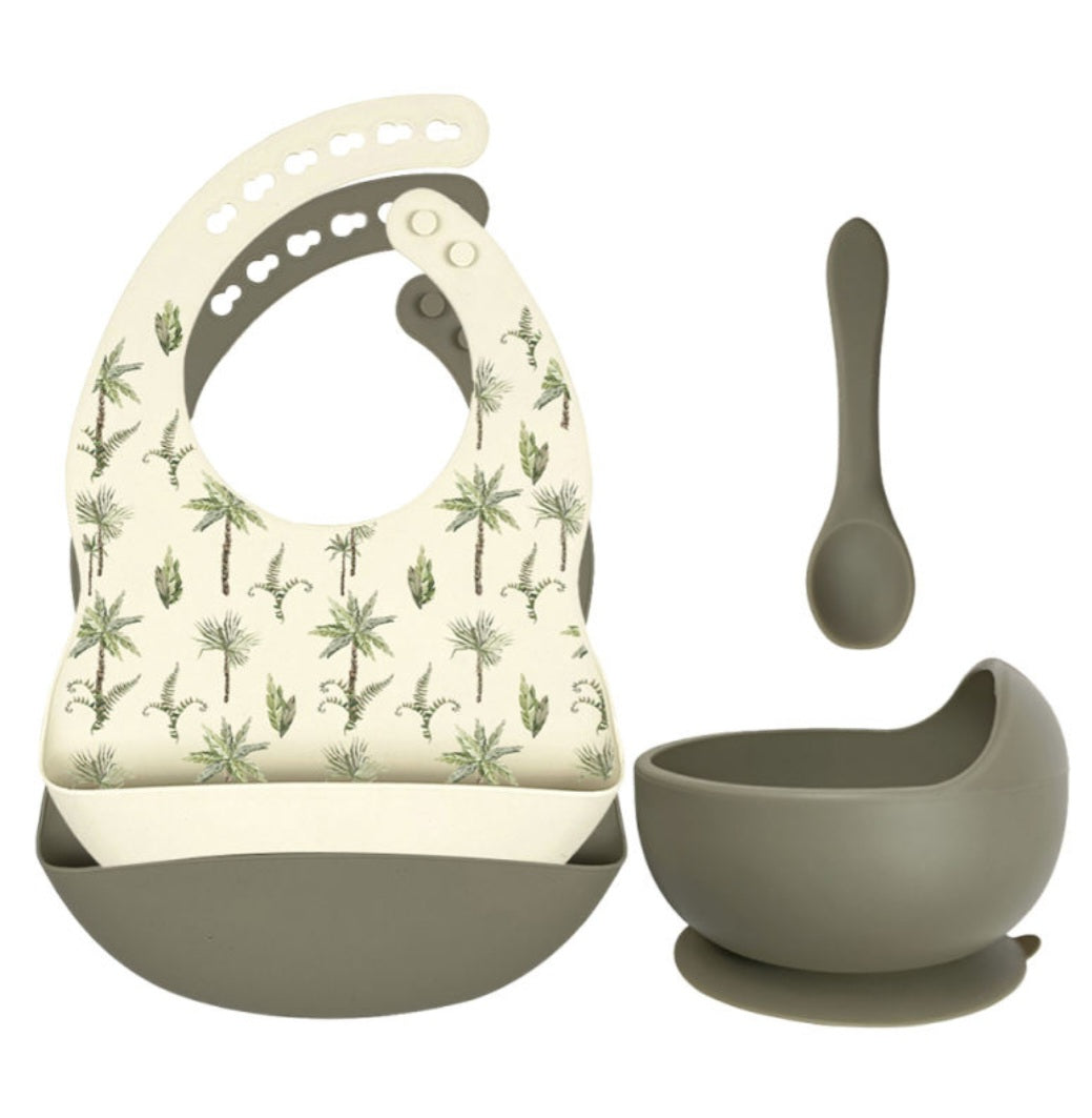 Set siliconen slabbetjes + kom met zuignap en lepel - Jungle Planten Salie