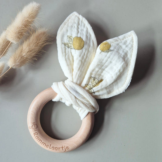 Houten bijtring met zachte konijnenoren 15cm - Citroenen