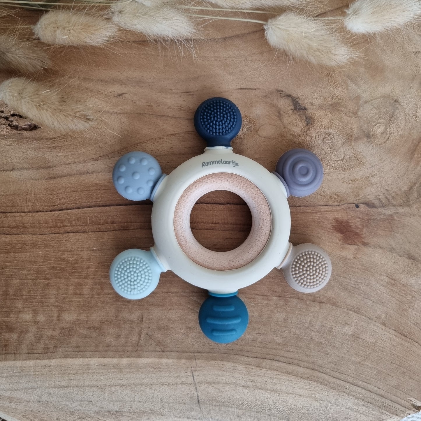 Bijtring Dental - Multicolor Blauw Siliconen Bijtring Met Beukenhouten ring