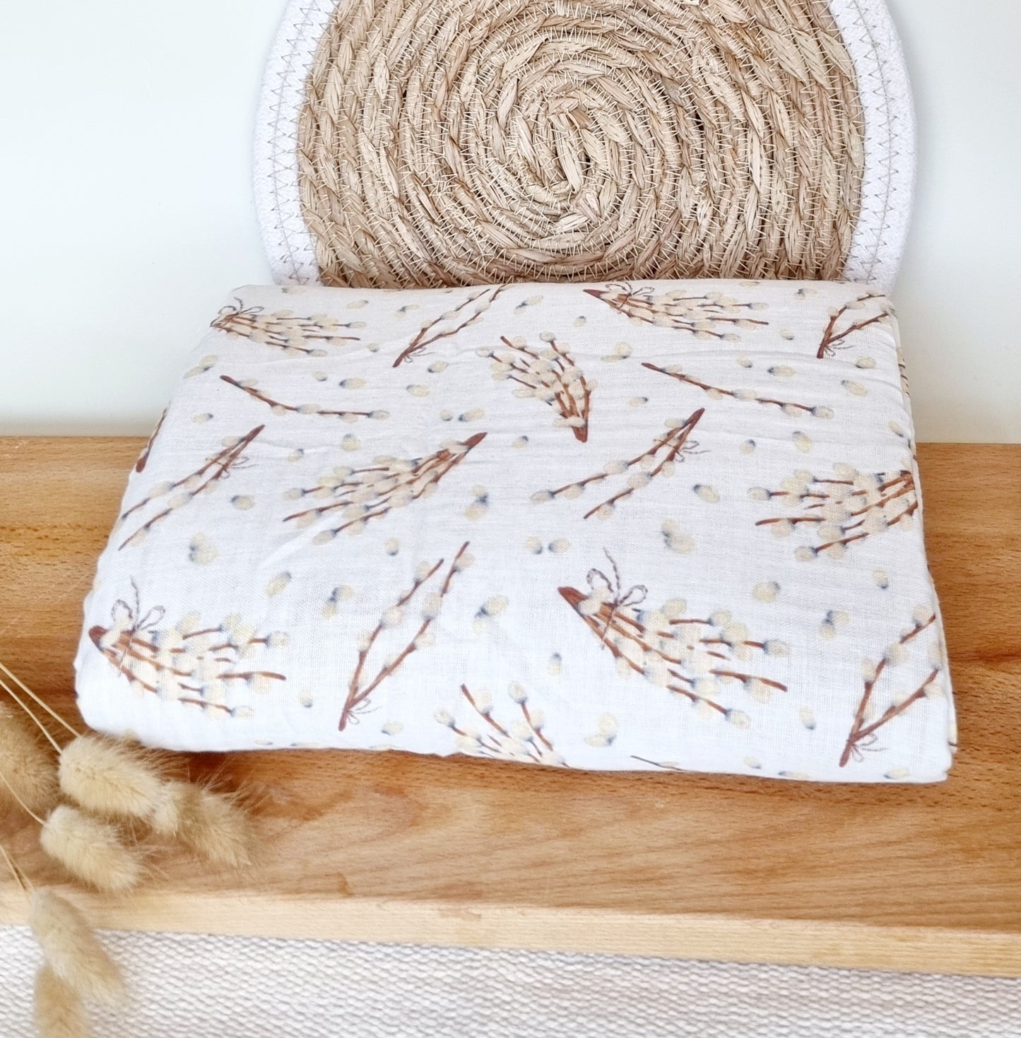 Ledikant dekentje 100x70cm zachte bamboe katoen - Zachtbeige / Oker Blossom