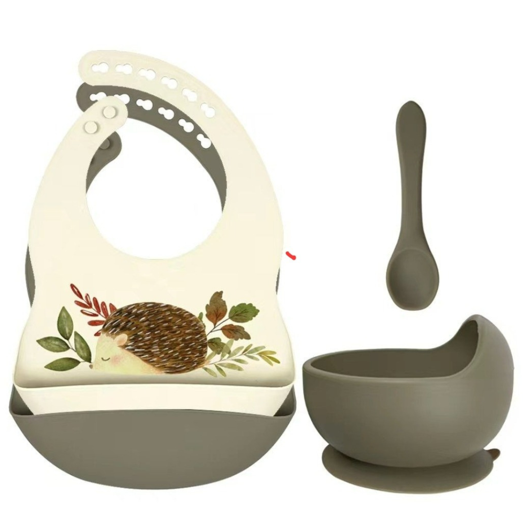 Set siliconen slabbetjes + kom met zuignap en lepel - Egel Salie