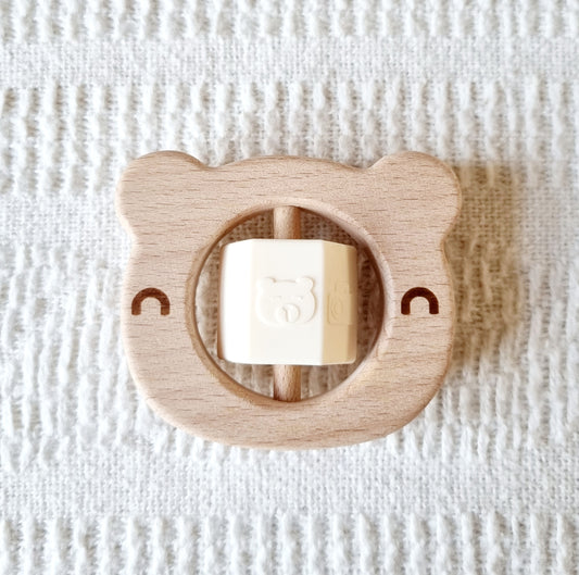Houten Rammelaar Beer Beige Met Draaibaar Siliconen Blokje