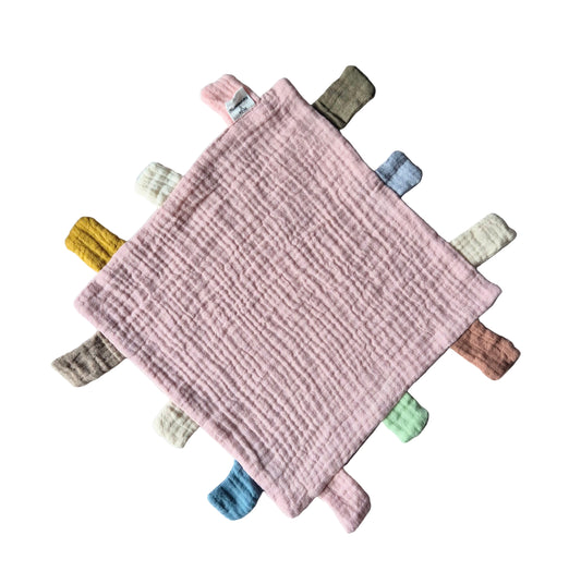 Hydrofiel speel en knuffeldoekje met labels 25x25 cm – Roze