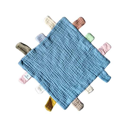 Hydrofiel speel en knuffeldoekje met labels 25x25 cm – Blauw
