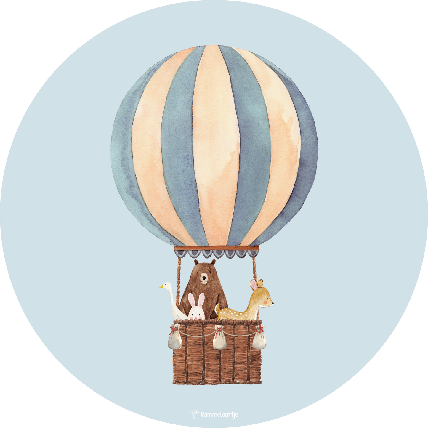 Muursticker ⌀30cm - Bosdieren in Luchtballon blauw
