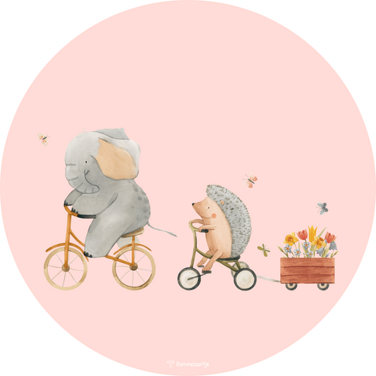 Muursticker ⌀30cm - Olifant en Egel op fiets