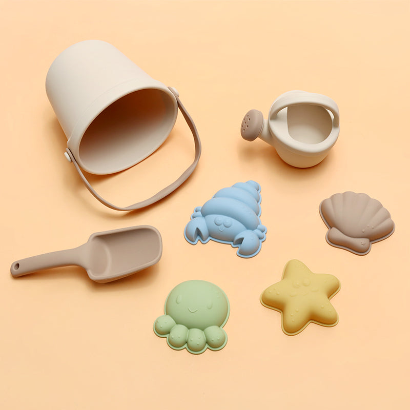 Siliconen emmer met gieter, schep en vormpjes - Beige