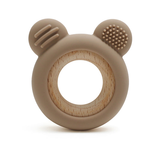 Siliconen bijtring beer met beukenhouten ring – baby bijtspeeltje - Zand