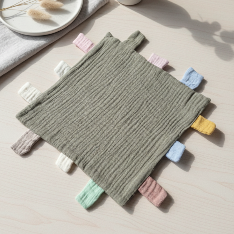 Hydrofiel speel en knuffeldoekje met labels 25x25 cm – Legergroen
