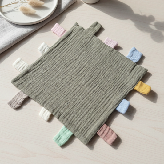 Hydrofiel speel en knuffeldoekje met labels 25x25 cm – Legergroen