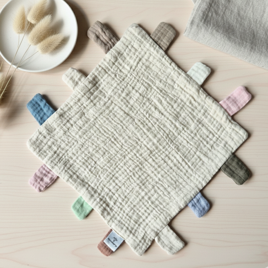 Hydrofiel speel en knuffeldoekje met labels 25x25 cm – Beige