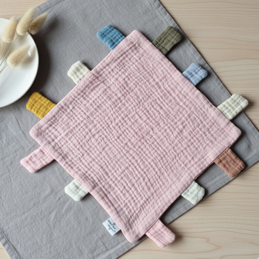 Hydrofiel speel en knuffeldoekje met labels 25x25 cm – Roze