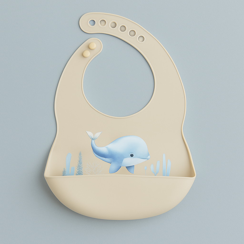 Siliconen slabber met opvangbakje Walvis - Beige