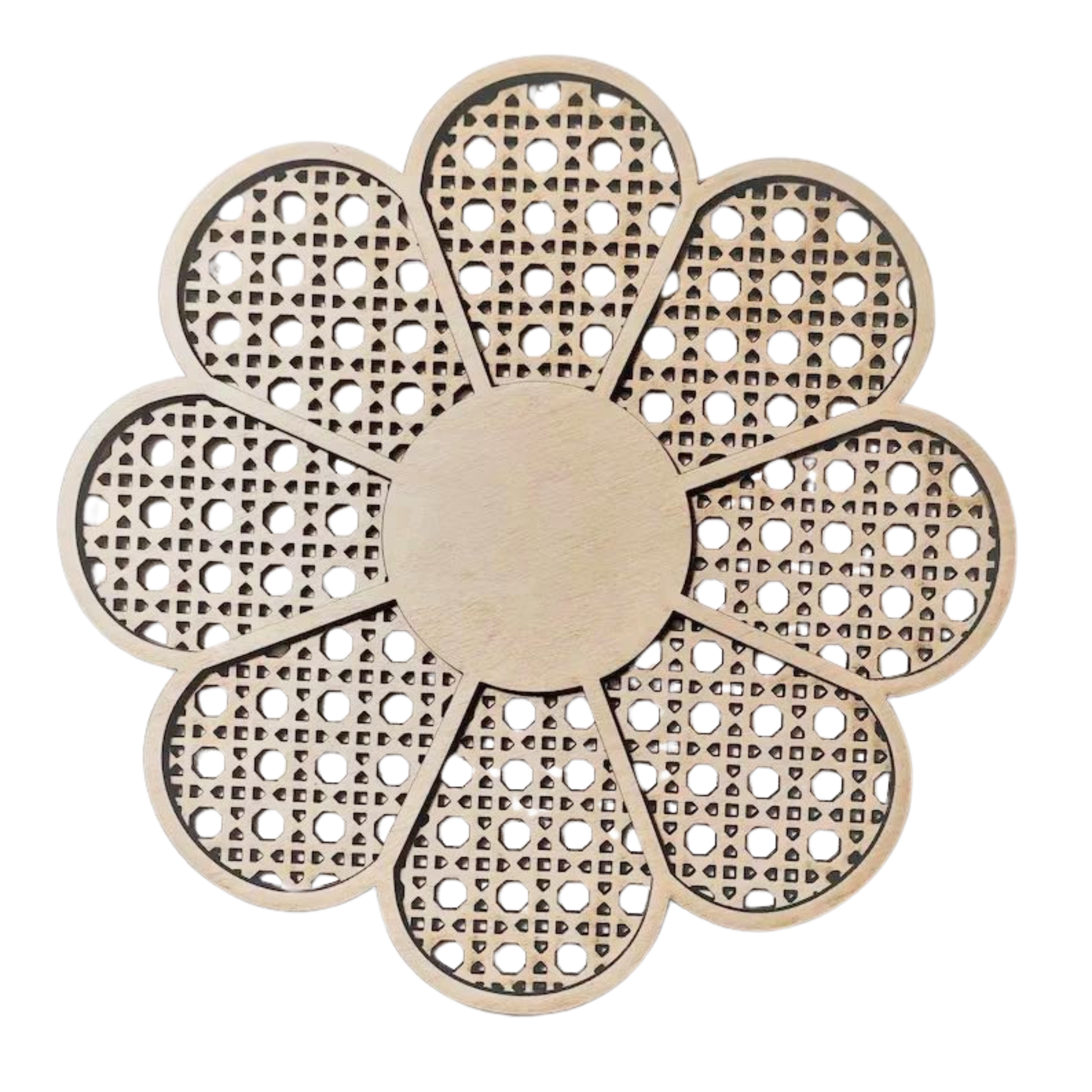 “Houten wanddecoratie in bloemvorm van 30 cm met opengewerkt patroon — kinderkamer muurdecoratie.”