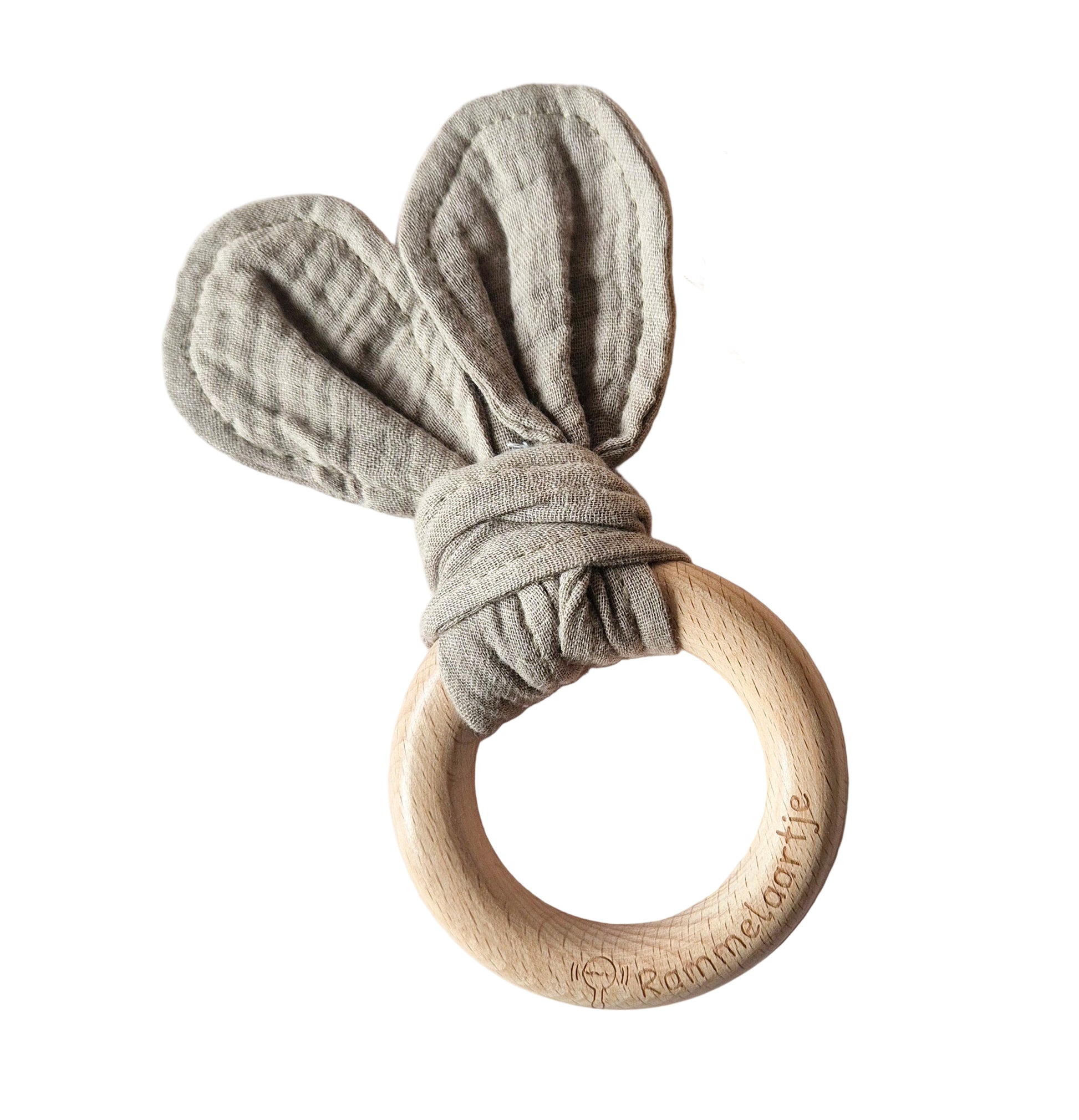Rammelaartje Konijnenoren met houten bijtring Taupe