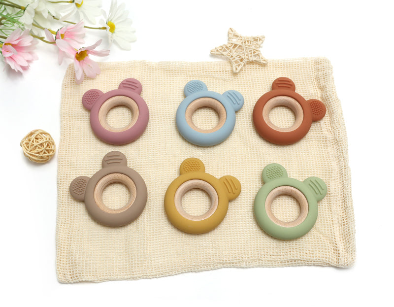 Siliconen bijtring beer met beukenhouten ring – baby bijtspeeltje - Beige