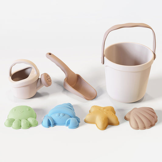 Siliconen emmer met gieter, schep en vormpjes - Beige