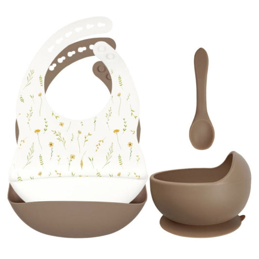 Set siliconen slabbetjes + kom met zuignap en lepel - Wilde Bloemen Wit & Zand