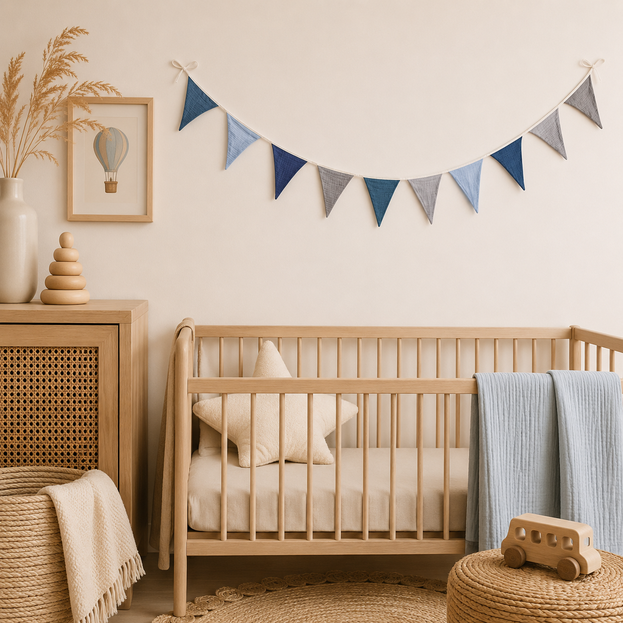 Hydrofiele vlaggenlijn van mousseline katoen in verschillende blauwtinten voor de babykamer, 2,5 meter lang.