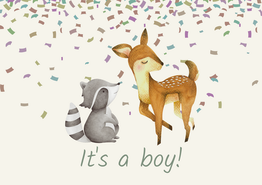 Wenskaart It's a boy! Hert en wasbeer met confetti