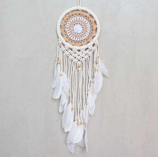 Macramé wanddecoratie gehaakt rond dromenvanger - Zand