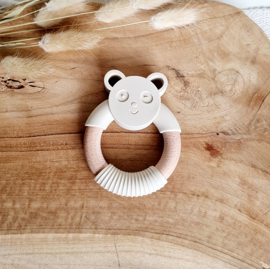 Siliconen bijtring Pandabeer met houten ring - Beige