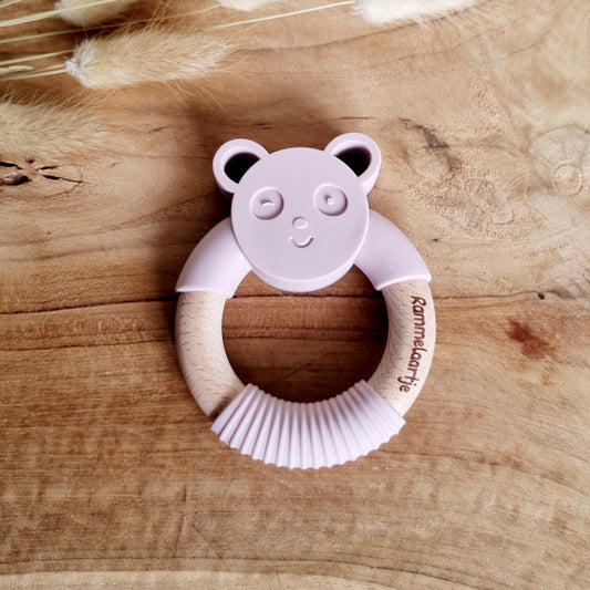 Siliconen bijtring Pandabeer met houten ring - Zachtroze