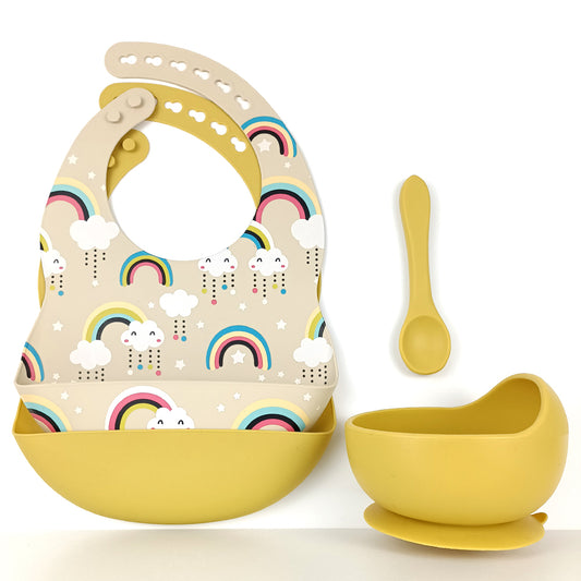 Set siliconen slabbetjes + kom met zuignap en lepel - Regenboog Geel