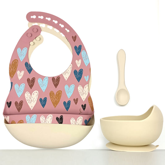 Set siliconen slabbetjes + kom met zuignap en lepel - Hartjes Roze